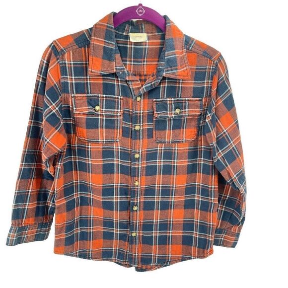 Crazy 8 Boys Button Down Shirt Long Sleeve Plaid Pocket Orange Blue Large 10/12 - Picture 3 of 7